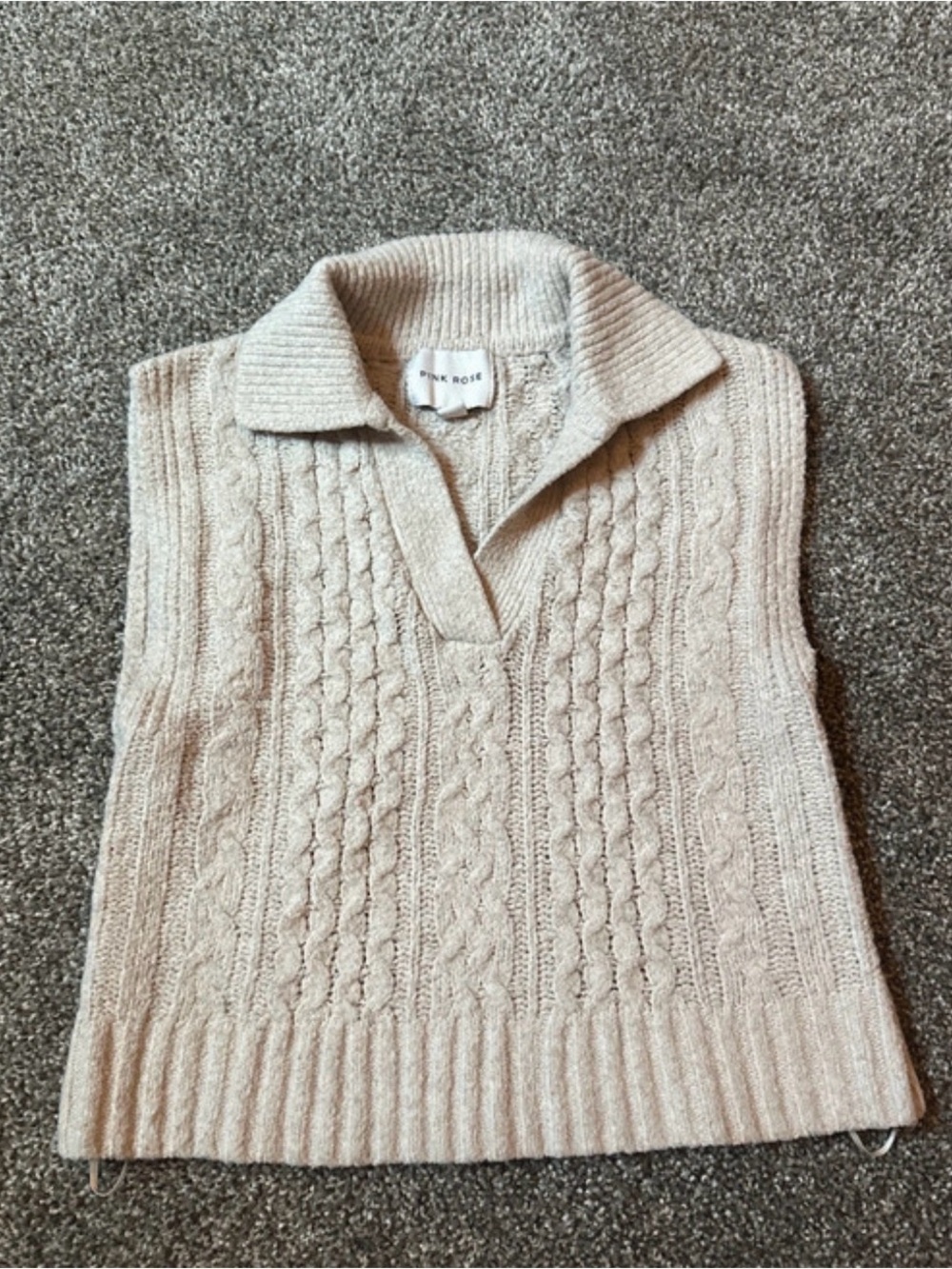 Pink Rose Cream Cable Knit V-Neck Sleeveless Sweater Vest